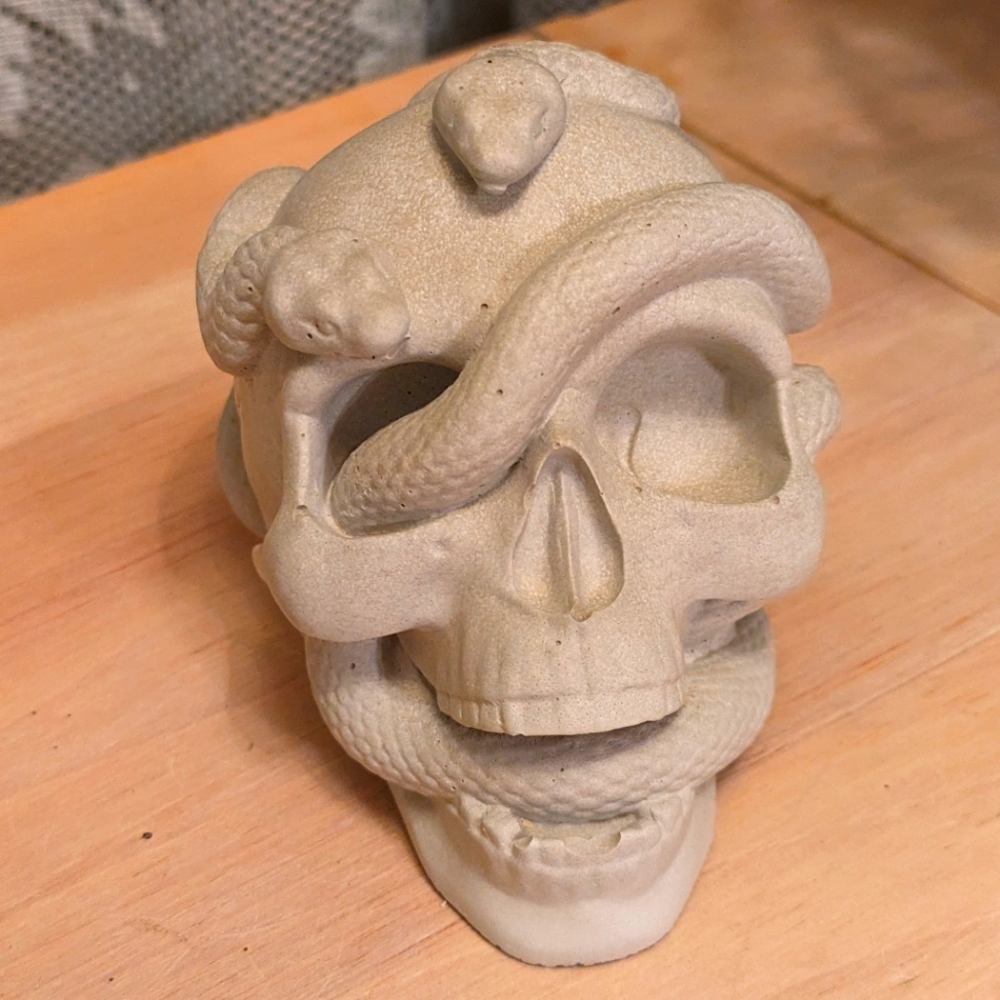 Handmade Cement Snakes on a Skull Paperweight